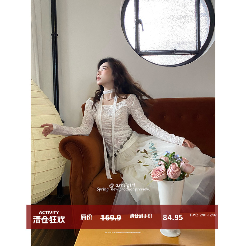 大于诗集一字肩蕾丝打底衫T恤