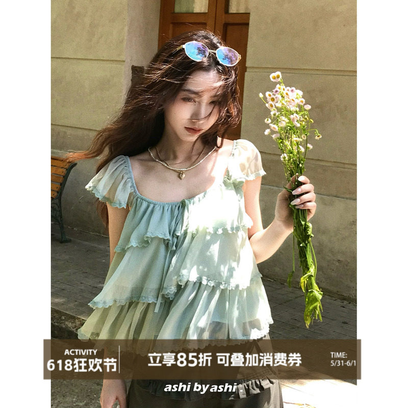 大于诗集 仲夏夜之梦 方领小飞袖多层抽褶花边荷叶边系带上衣女夏