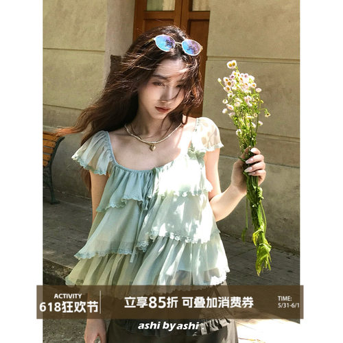 【05/21新品】大于诗集 仲夏夜之梦 方领小飞袖多层荷叶边上衣夏