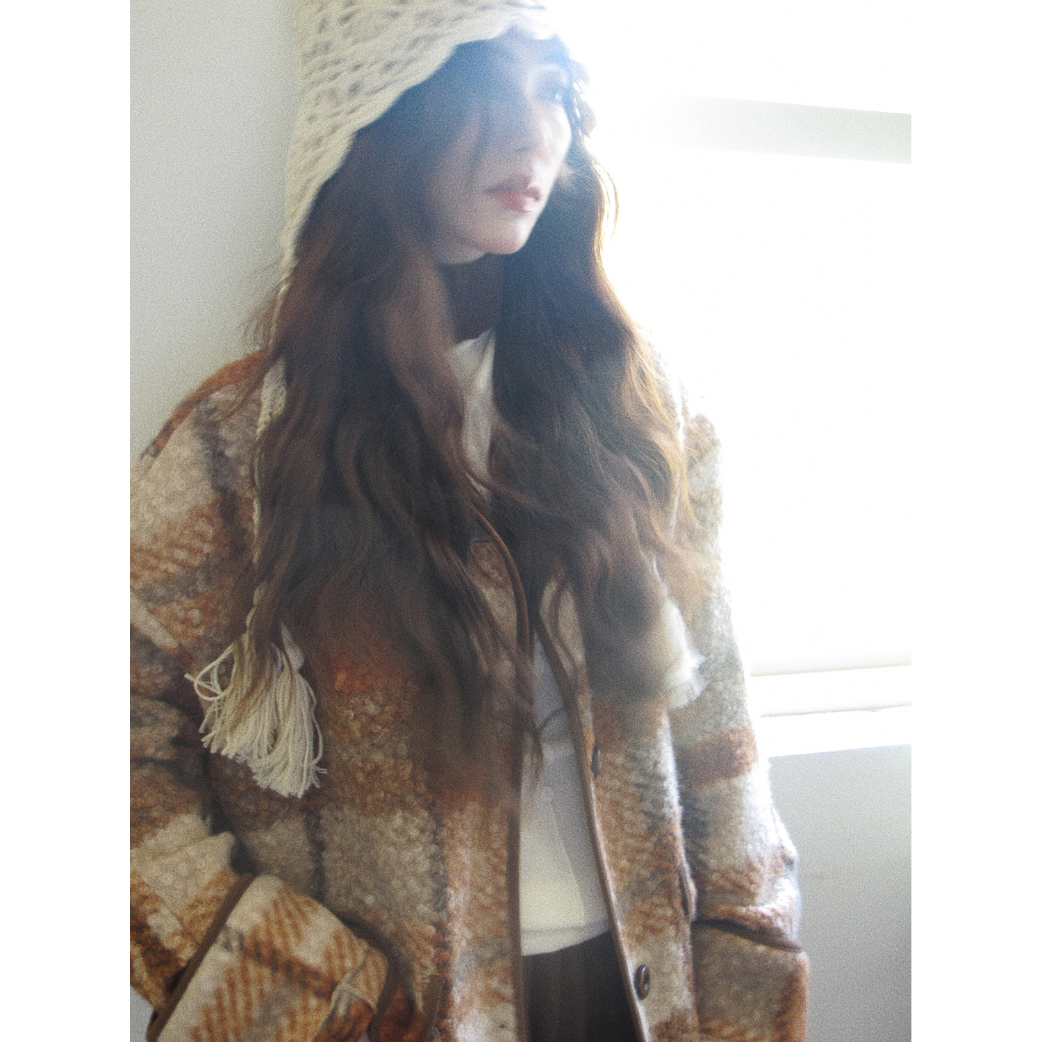 大于诗集 雪松焦糖 厚实圈圈毛呢撞色格纹开衫外套