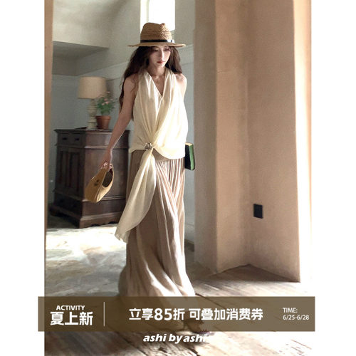 大于诗集 都市line竹纤维设计感交叉V领无袖挂脖坎肩金扣背心女夏