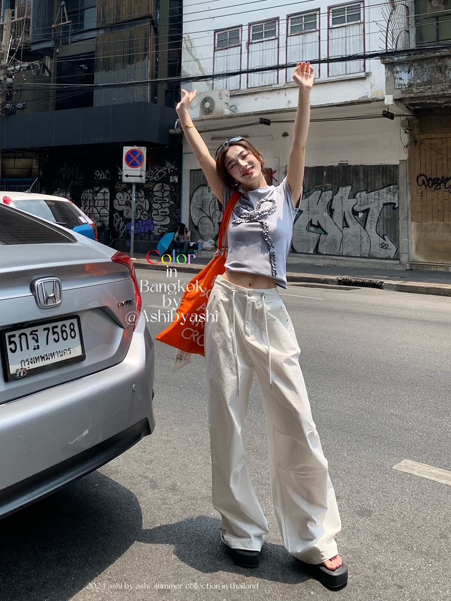 大于诗集辣妹高腰抽绳打褶工装裤