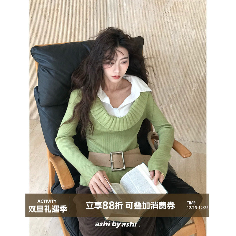 大于诗集 职场白月光 撞色拼接假两件翻领毛衣女衬衫领修身上衣冬