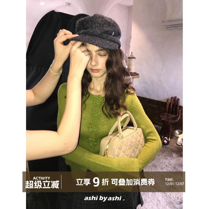 大于诗集抹茶玫瑰法式马海毛立体手工花朵毛衣修身长袖针织衫上衣