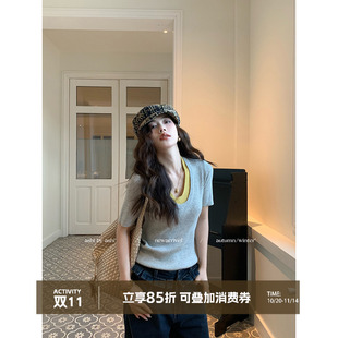 ins风V领针织衫 早春法式 女假两件复古撞色上衣 简约公式 大于诗集