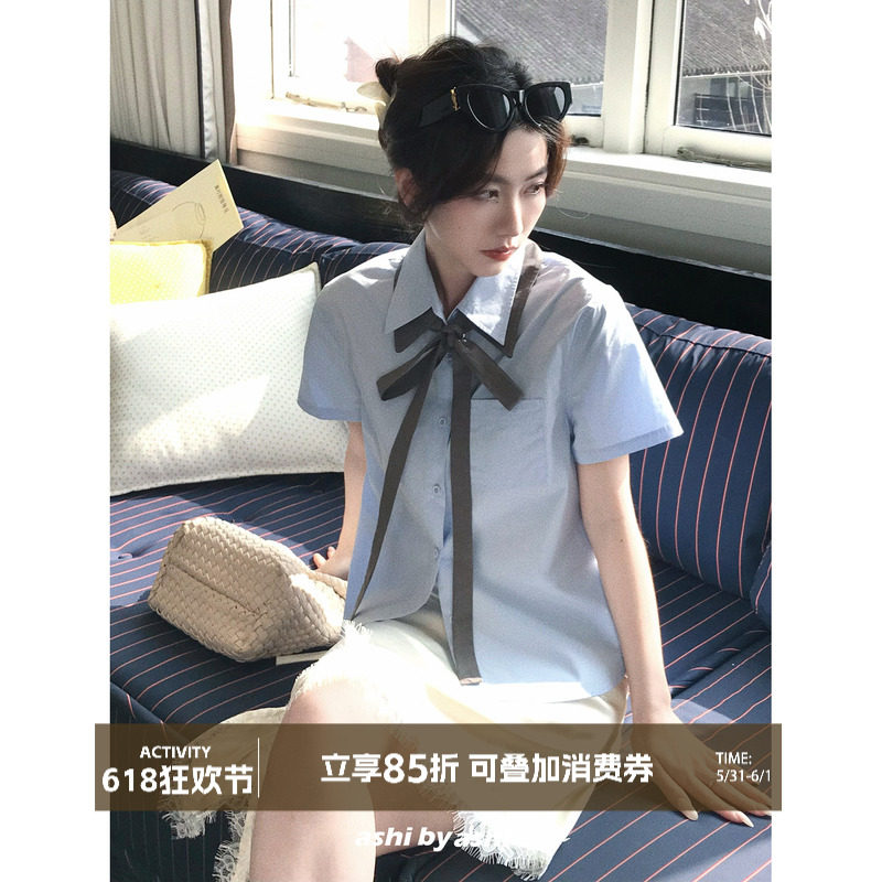 大于诗集 伊顿公学 设计感撞色系带假领子减龄衬衫女通勤基础衬衣