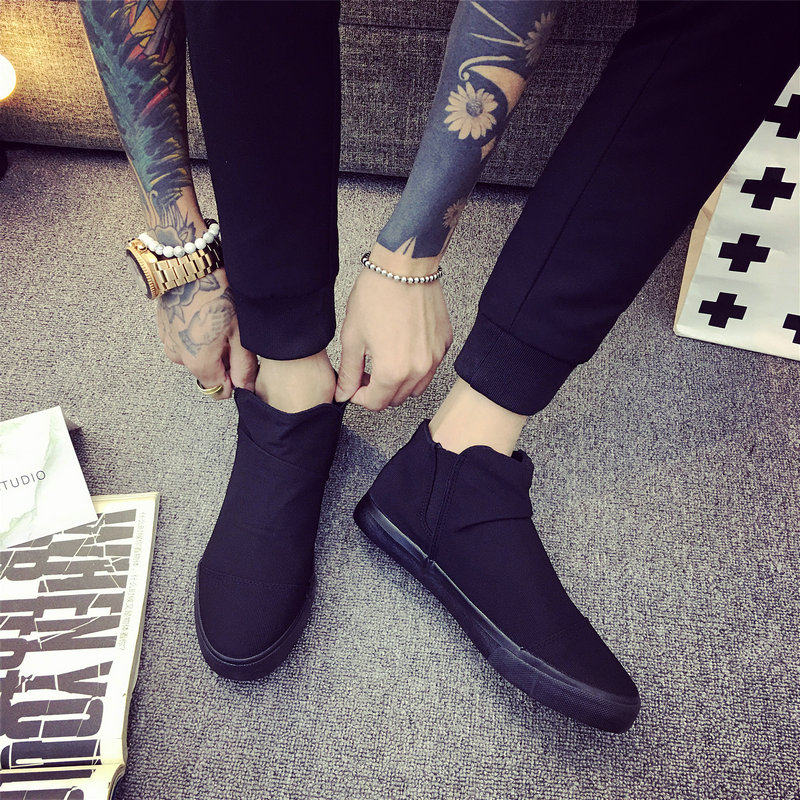 全黑色帆布鞋中帮休闲鞋青年潮鞋一脚蹬高帮懒人鞋上班工作鞋加绒|ruв категории Мужская обувь, холст обувь - от Buy2taobao.com для оказания профессиональной услуги покупки агента Taobao