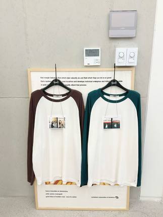 韩国spell llll2025秋冬新款拼色插肩袖长袖T恤女宽松休闲上衣