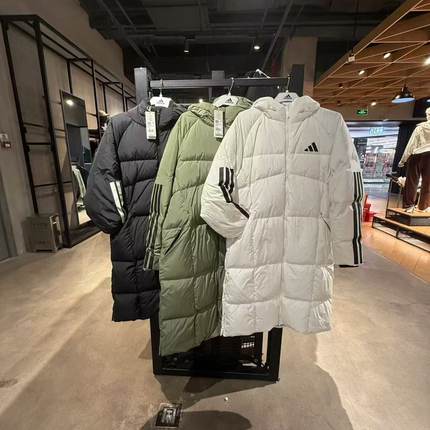 阿迪达斯冬男女款三条杠长款保暖抗风羽绒服JG3838 3840