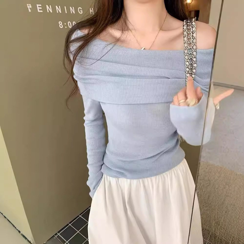 纯欲露肩锁骨长袖一字肩针织衫毛衣女春秋一字领打底衫外穿上衣