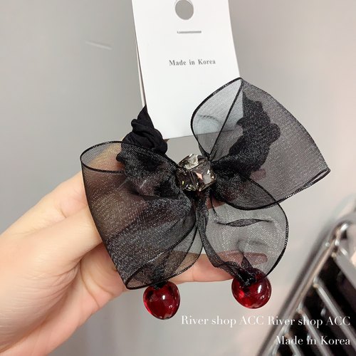 红樱桃雪纺蝴蝶结【发圈】韩国发饰 水晶方糖