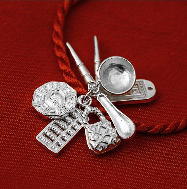 足银宝宝孕妇新生婴儿幼儿童s999纯银吉祥七宝吊坠3d硬银挂件坠子