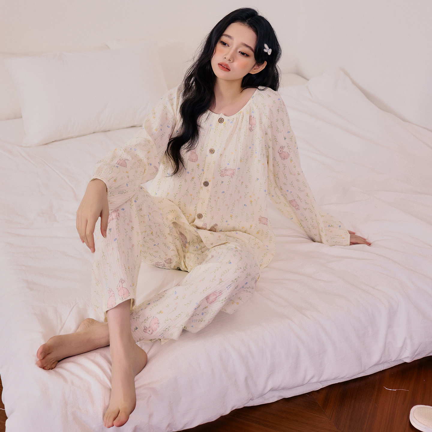 小碎花小兔A类棉纱睡衣女春秋季圆领开衫长袖抑菌防螨家居服套装