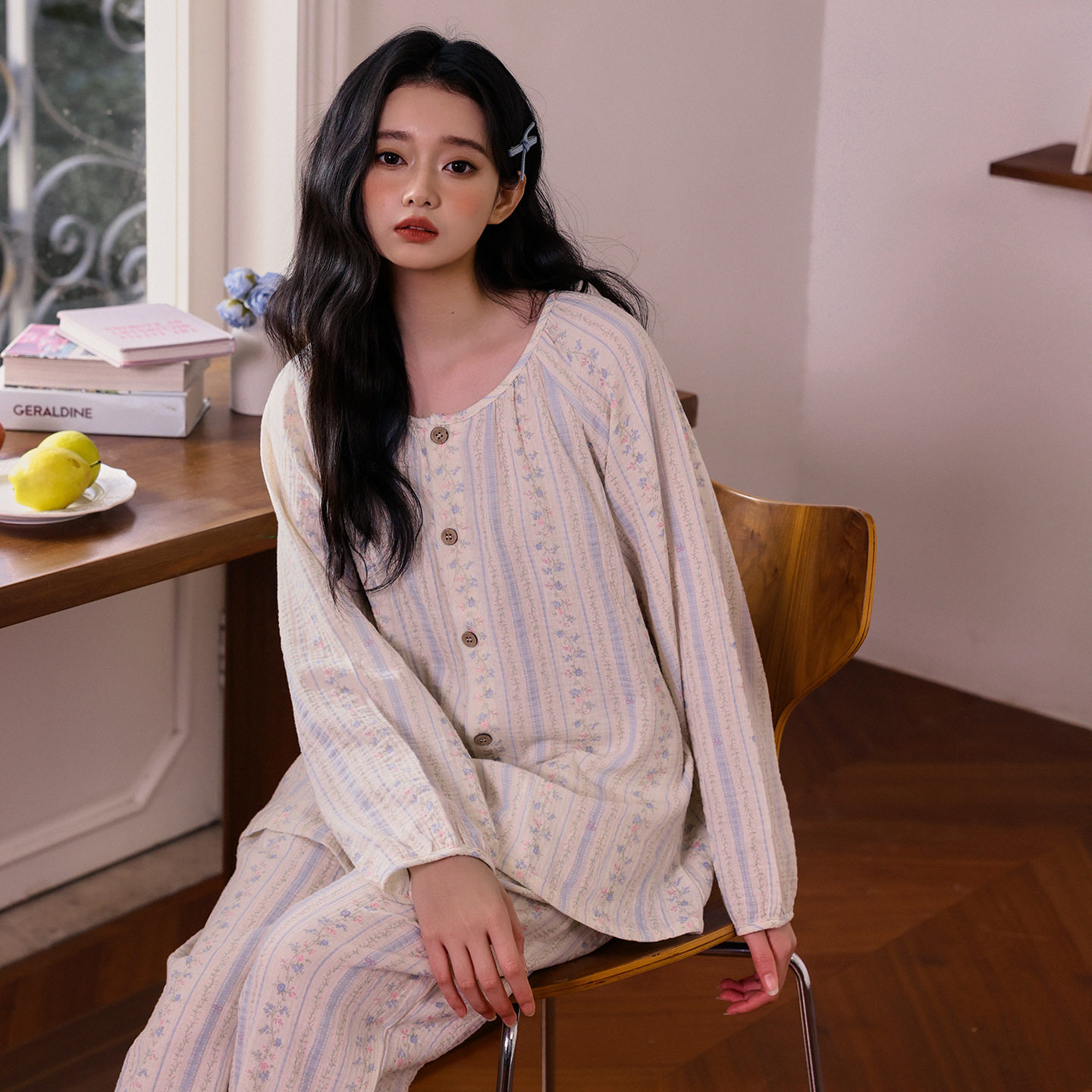 开衫圆领A类棉纱纯棉睡衣女春秋蓝色碎花抗菌防螨全棉家居服套装