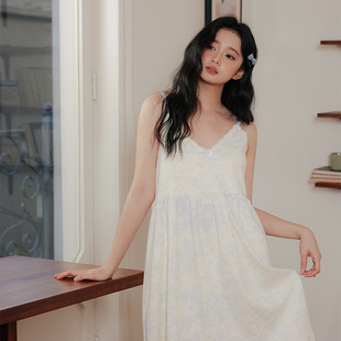 夏季清凉A类精梳棉吊带睡裙少女蓝色扎染带胸垫抑菌防螨纯棉睡衣