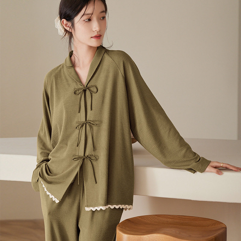 睡衣女款春秋季莫代尔棉长袖长裤时尚复古中国风家居服套装