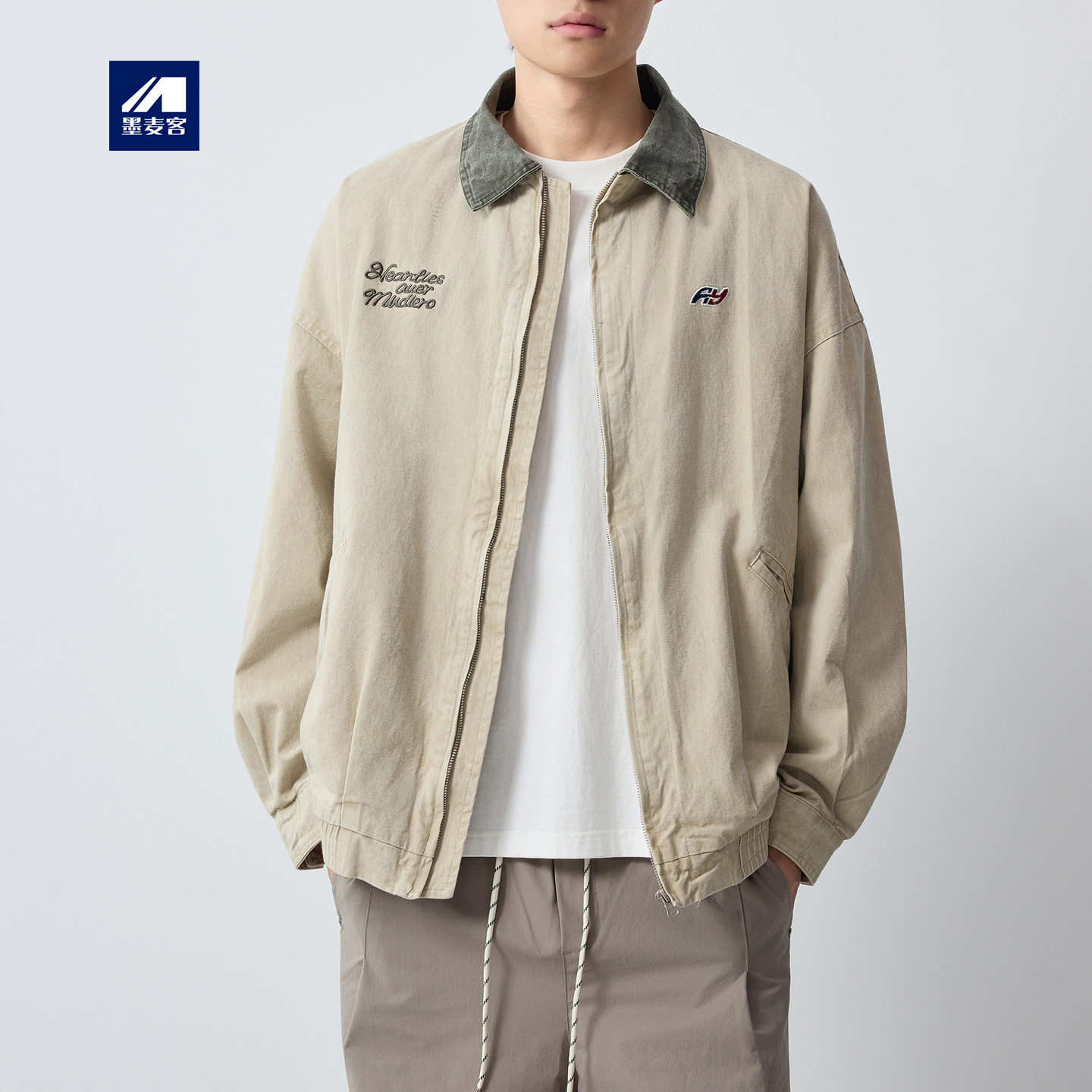 墨麦客男装美式休闲做旧男款外套2026春季新款撞色刺绣夹克81588.