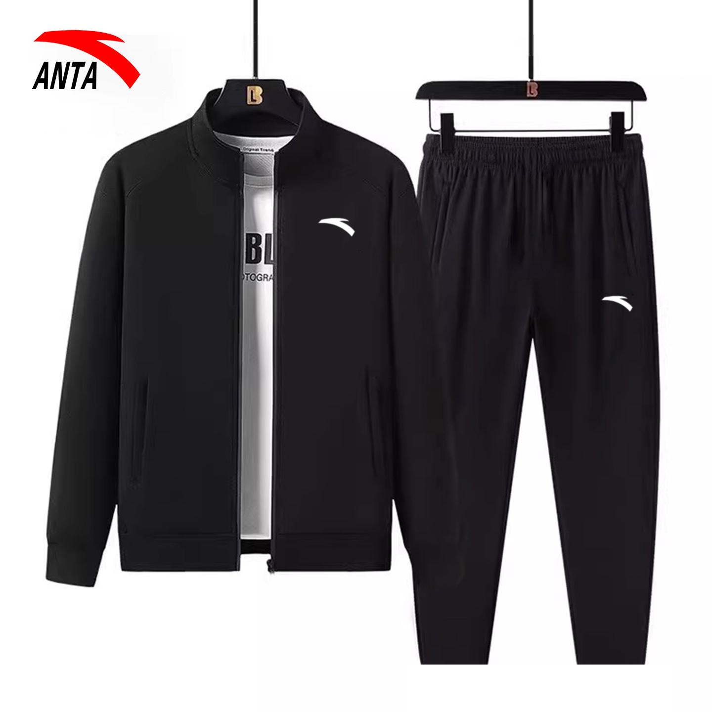 安踏运动套装男卫衣2025新款秋冬黑色休闲立领外套直筒卫裤两件套