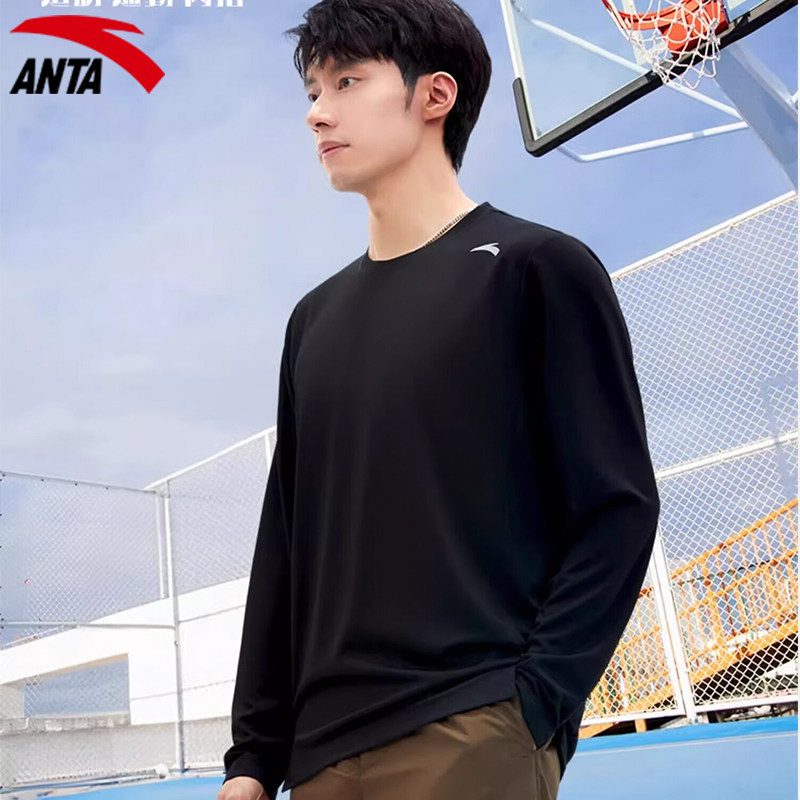 安踏长袖t恤男2024新款秋季梭织跑步健身服男装官方休闲运动上衣