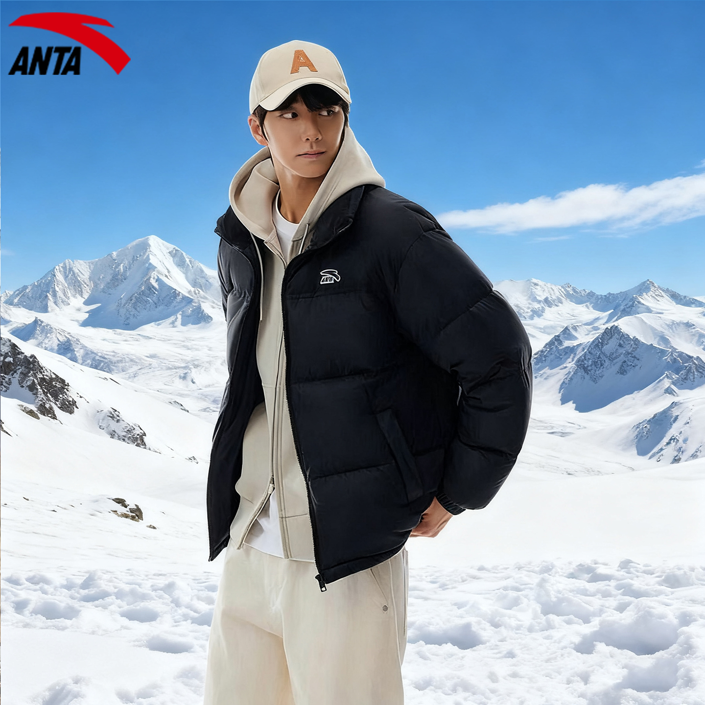 安踏面包羽绒服男立领2025新款冬季男款加绒外套黑色夹克运动上衣