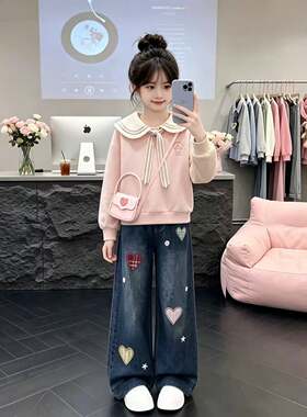 韩版女童休闲套装春秋季新款慵懒风长袖上衣时尚个性牛仔裤两件套