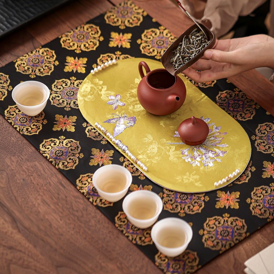 中式刺绣串珠花卉宋锦茶垫茶席茶桌专用垫茶桌垫隔热茶具织锦布垫