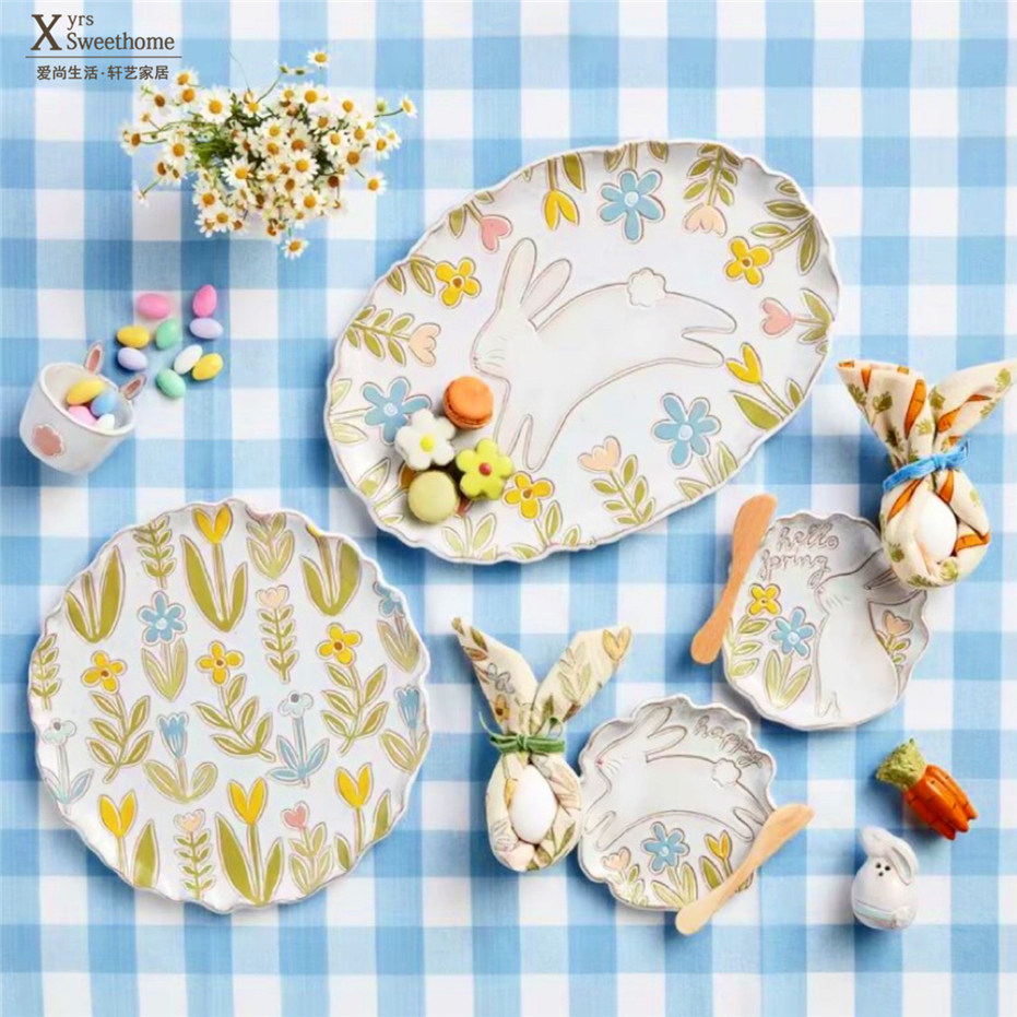 轩艺家居 花草兔餐具套装 釉下彩手绘马克杯 大鱼盘 餐盘碗牛排盘,餐饮具,盘,淘宝优惠券,粉丝福利购,淘宝优惠卷
