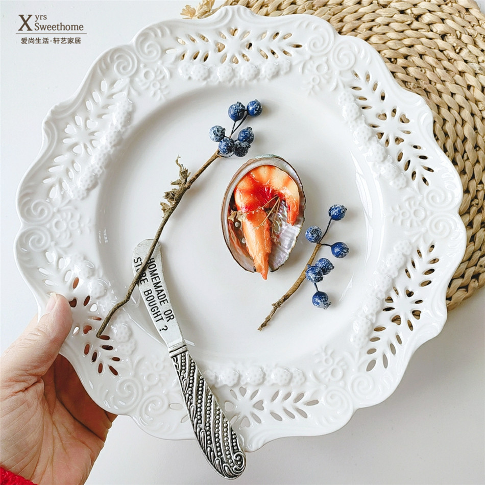 出口欧洲复古餐盘 蕾丝雕刻镂空花边果盘 浮雕摆盘 牛排盘 家用盘