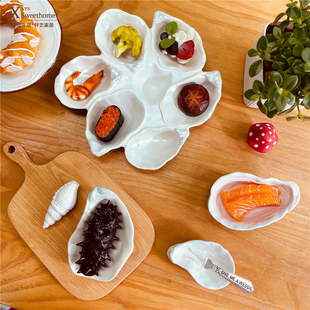 出口美国红牌牡蛎系列调料碟 釉下彩蘸料碟 复古生蚝造型多格碟子