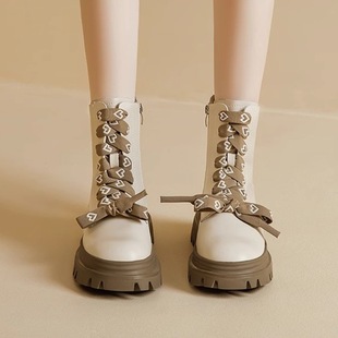 小个子厚底短靴女2025秋季 英伦风复古系带炸街机车马丁靴 新款