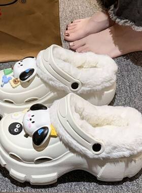 洞洞鞋冬季加绒可拆卸女秋冬少女高跟可爱学生防滑棉拖鞋冬季加绒