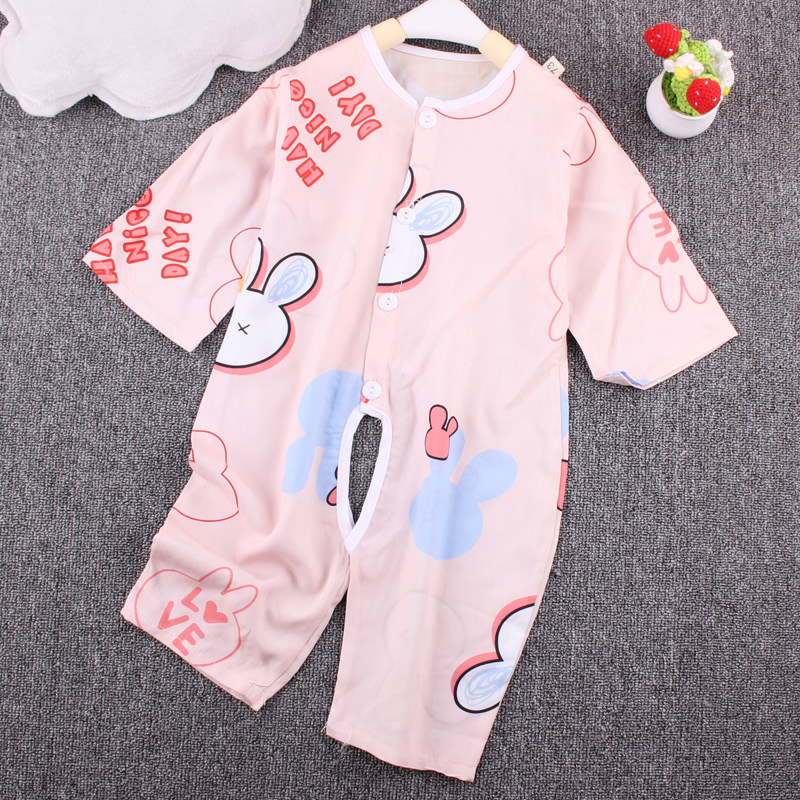 夏季绵绸连体衣婴儿人造棉7分袖连身哈衣0-1岁宝宝空调服睡衣爬服
