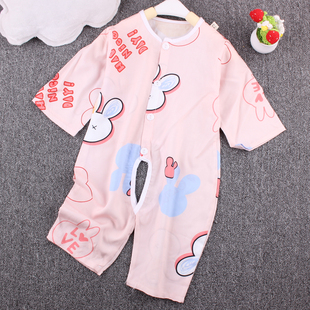 夏季绵绸连体衣婴儿人造棉7分袖连身哈衣0-1岁宝宝空调服睡衣爬服