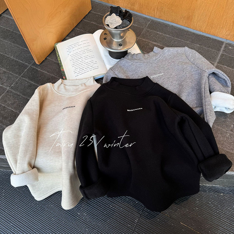 男童加绒打底衫2025冬季新款韩版百搭纯色上衣儿童加厚保暖T恤潮