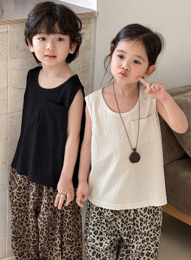男童夏季雪花棉净色无袖T恤衫2026新款女童上衣宝宝森系简约背心