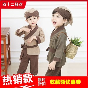 中国风宝宝棉麻汉服幼儿小药童拍照古装国学书童悯农锄禾表演服