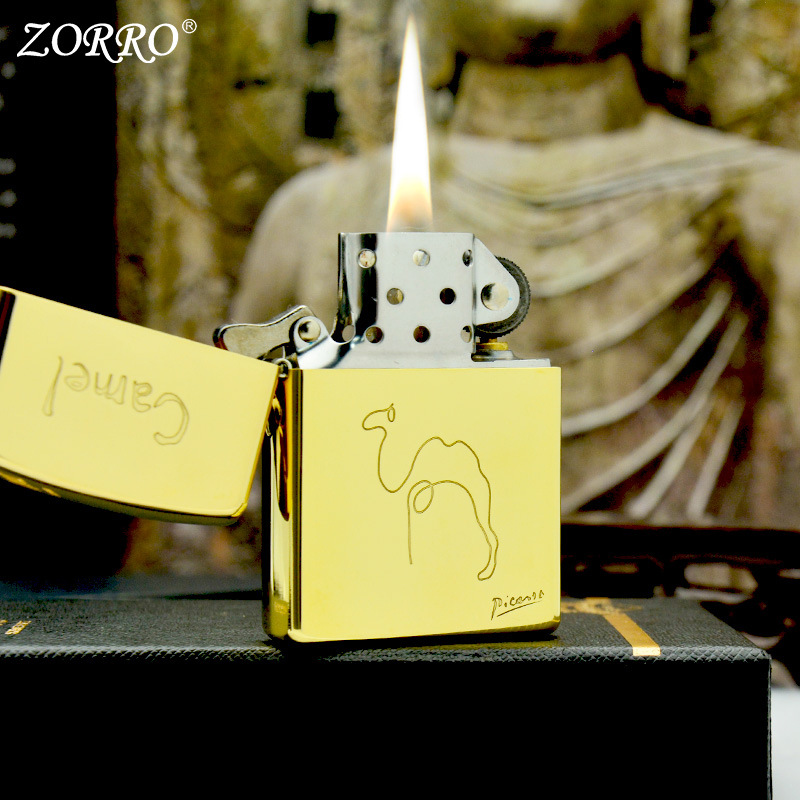 ZORRO佐罗正品纯铜复古砂轮防风煤油打火机定制金色款毕加索骆驼