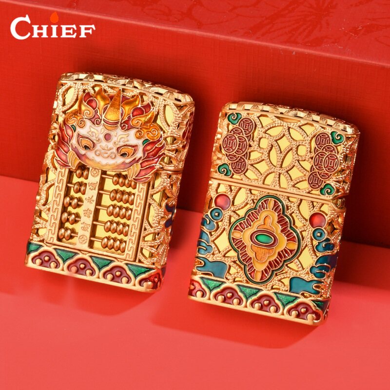 chief首领正品新款砂轮防风煤油打火机套壳金银色珐琅彩火麒麟兽
