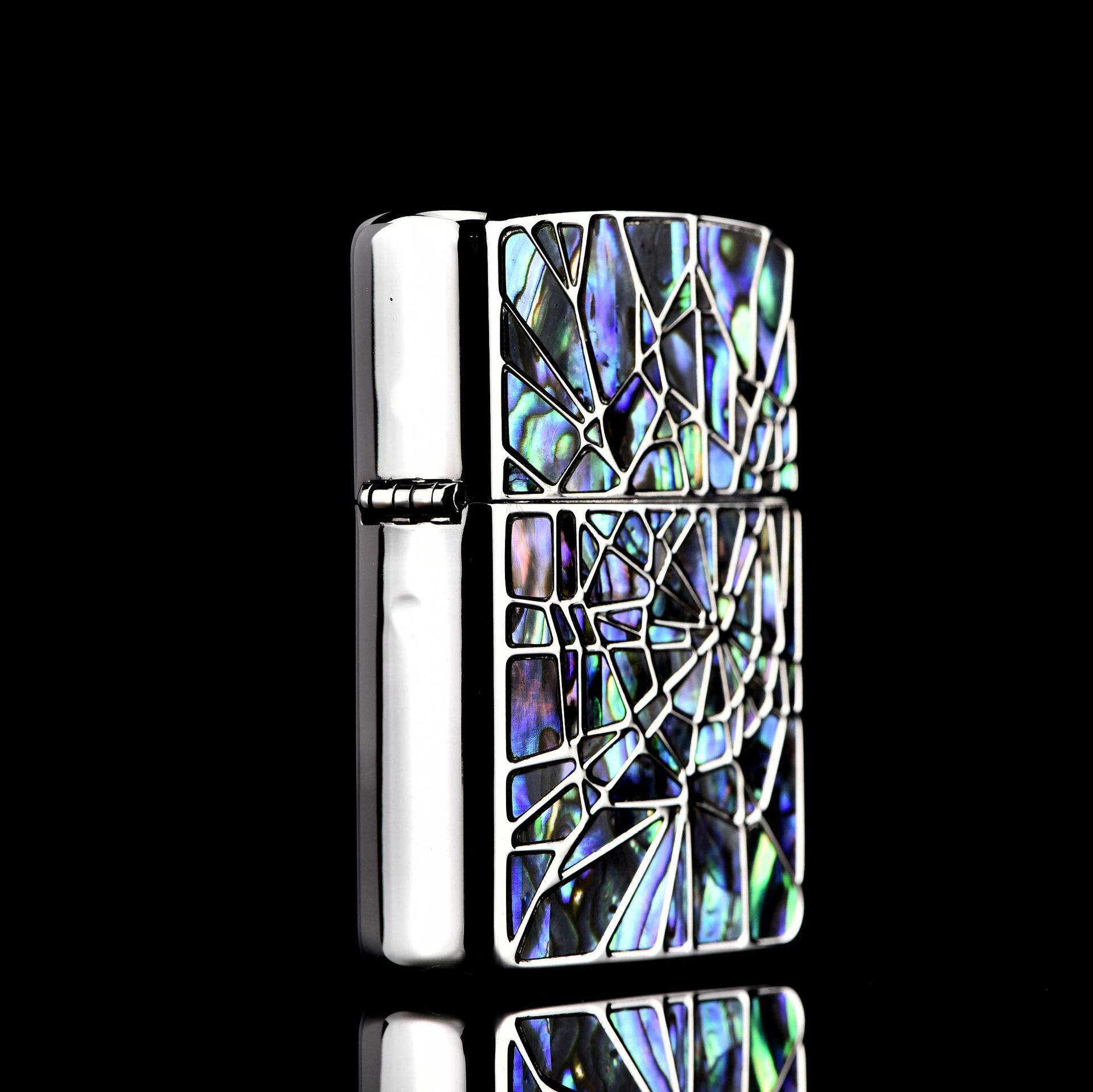 zippo煤油打火机官正品美国芝宝银色盔甲轻奢镶嵌彩贝壳一往情深