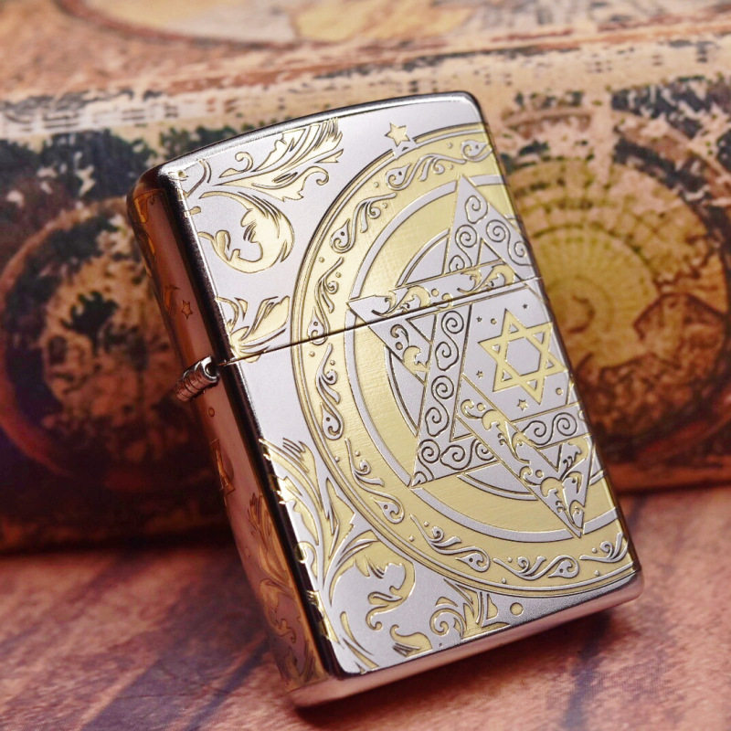 zippo煤油打火机官正品美国芝宝银色磨砂刻五面经典六芒星花纹图