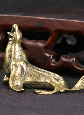 仿古做旧纯黄铜海狮摆件创意桌面