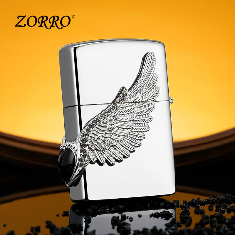 zorro佐罗正品砂轮煤油打火机铜壳经典亮铬银色章钻天使之翼翅膀