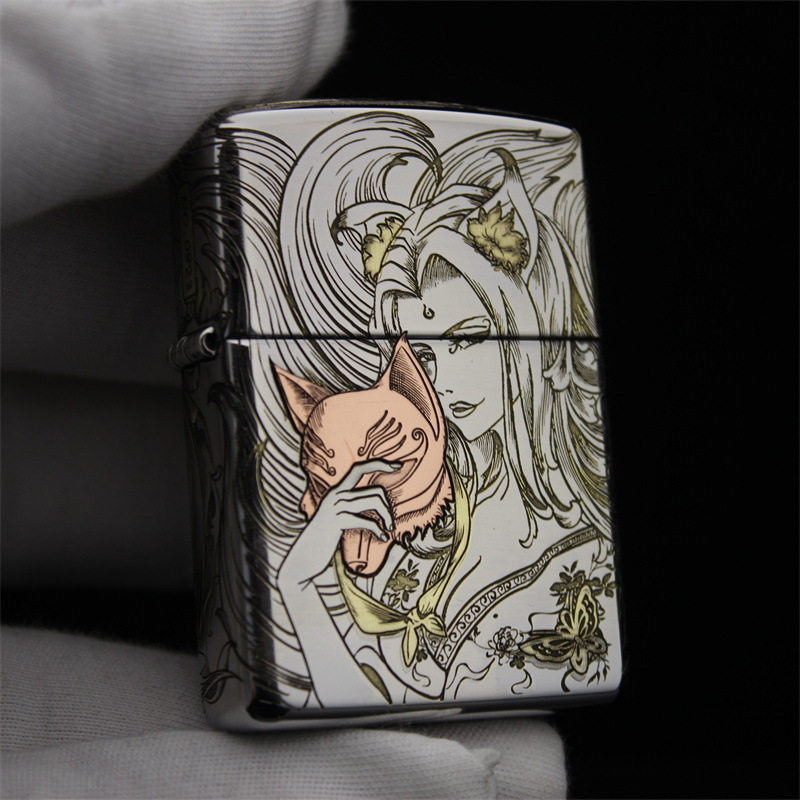 zippo煤油打火机官正品美国芝宝深雕镶嵌经典九尾狐女面具神秘感