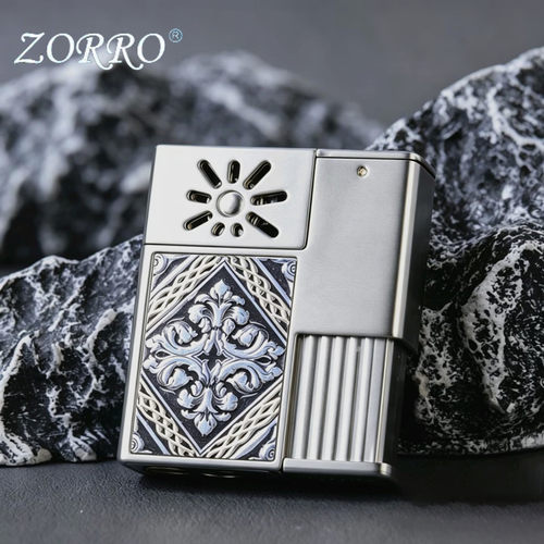 zorro佐罗正品金属银色轻奢潮机械感推拉式小方块砂轮煤油打火机