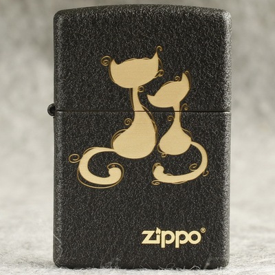 zippo煤油打火机官正品美国芝宝皱纹黑色磨砂黑裂漆爱情侣祝福猫