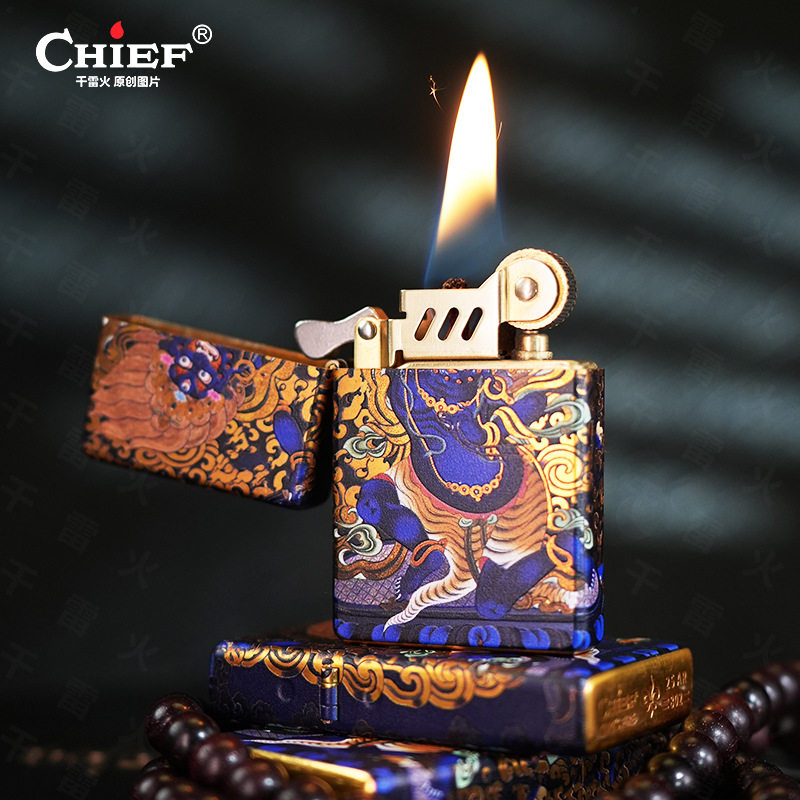 CHIEF首领正品新时尚国潮超薄黑财神黄铜壳防风砂轮煤油打火机礼