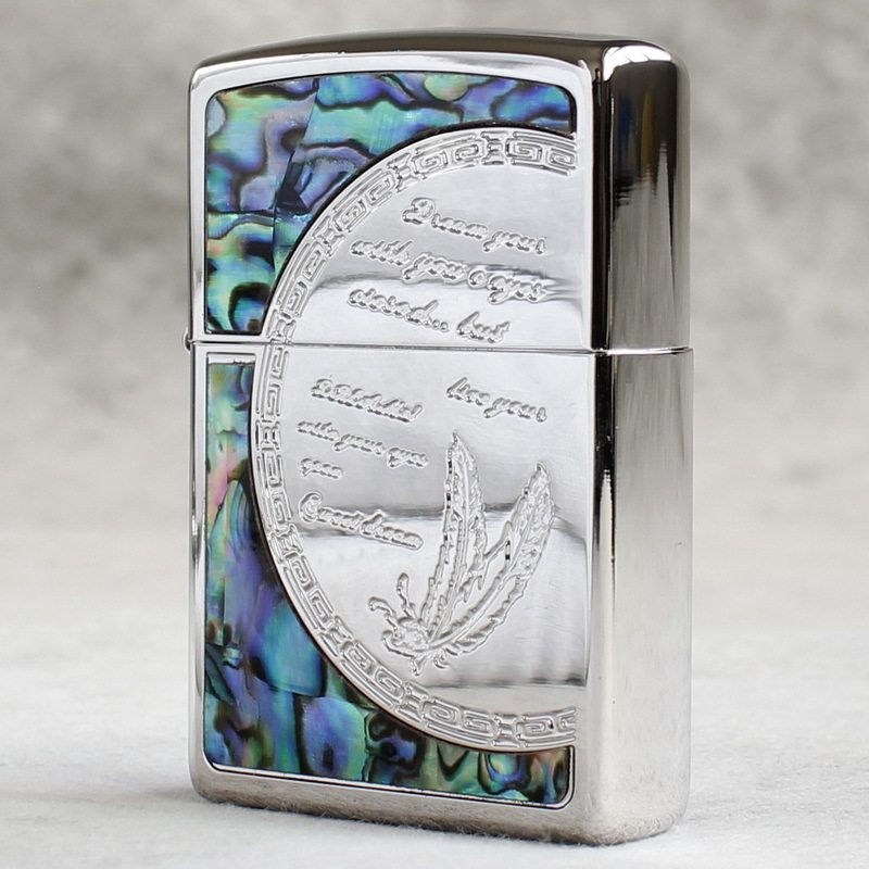 zippo煤油打火机官正品美国芝宝轻奢感贝壳银色爱情羽毛英文艺术