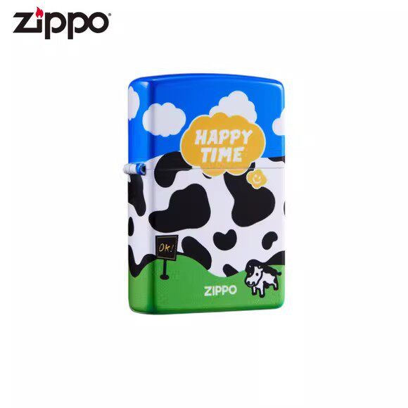 zippo煤油打火机官正品美国芝宝经典款彩印欢乐牧场小黑白格子牛