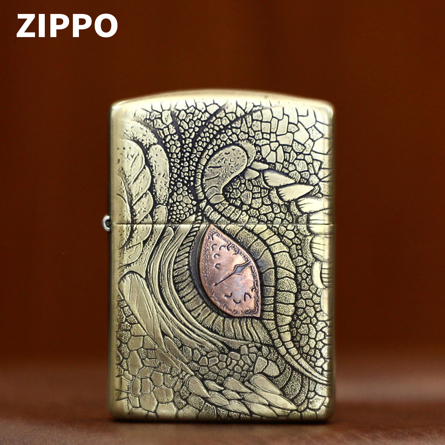zippo煤油打火机官正品美国芝宝古铜盔甲镶嵌浮雕野兽恐龙眼礼物