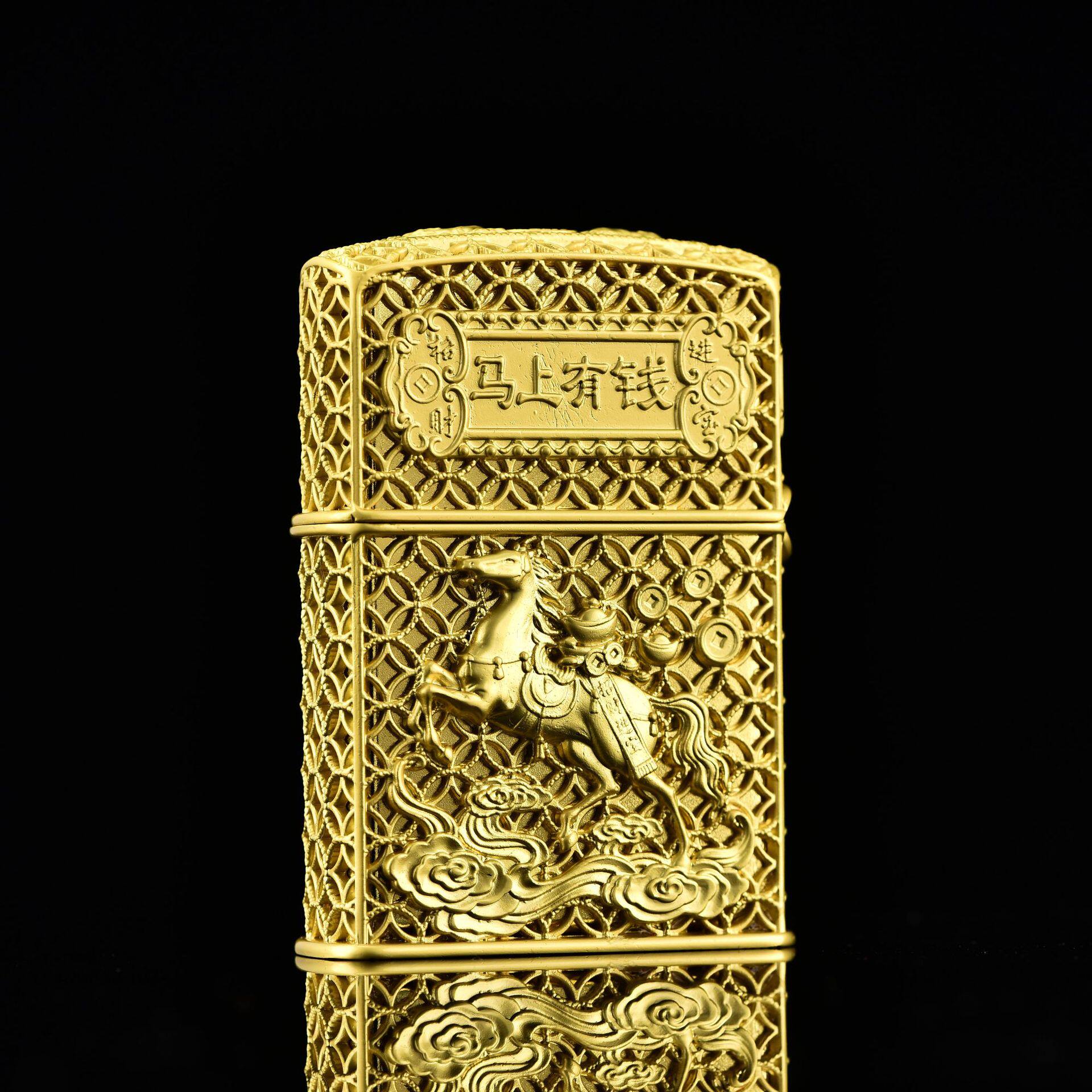 zippo煤油打火机官正品美国芝宝金银色套壳镂空花丝国潮马上有钱